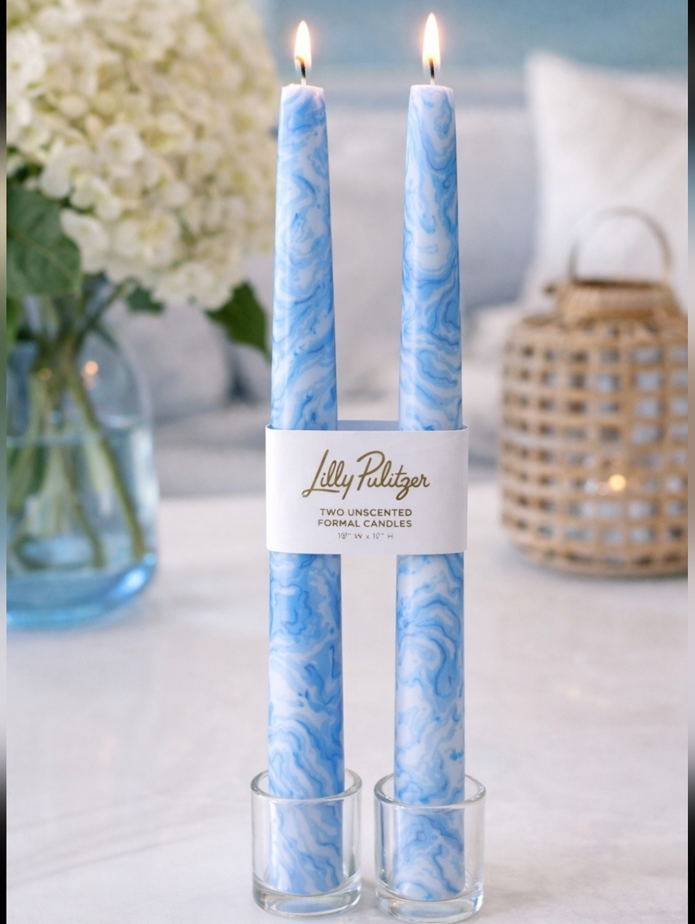 Lilly Pulitzer Blue Marbled Unscented Taper Candles Set of 2 Formal 10”